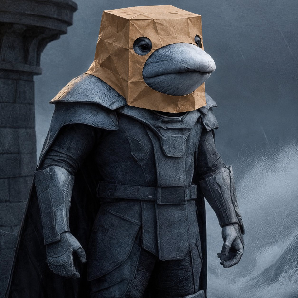 ZWHALE character in armor with a paper bag mask